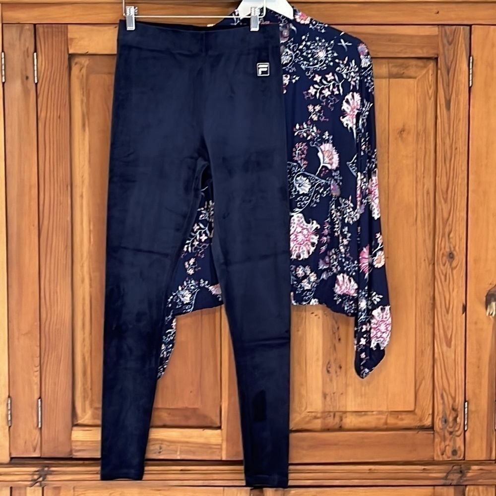 Fila Sport Luxe Navy Blue High Waisted Velvet/Velour Leggings Sz. L